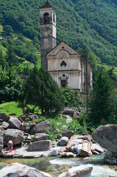 Lavertezzo, Switzerland: view of Verzasca River and the church of Saint Mary of the Angels