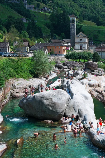Lavertezzo, Switzerland: view of Verzasca River and the church of Saint Mary of the Angels