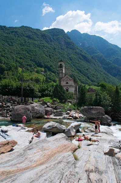 Lavertezzo, Switzerland: view of Verzasca River and the church of Saint Mary of the Angels