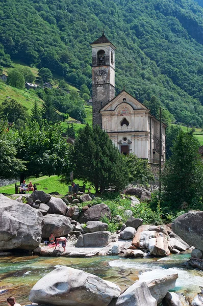 Lavertezzo, Switzerland: view of Verzasca River and the church of Saint Mary of the Angels