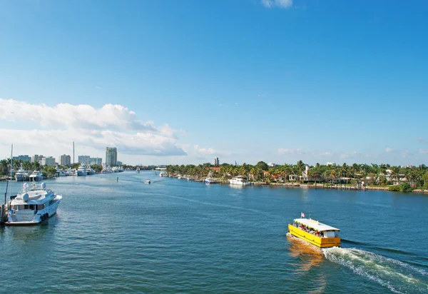 Fort Lauderdale canal, Ft. Lauderdale, speedboat, cruising, skyscrapers, panoramic view, Broward County, Florida