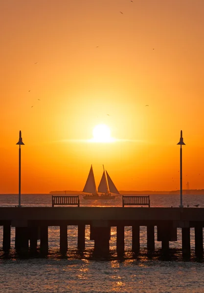 Sunset, pier, sea, sailboat, benches, Key West, Keys, Cayo Hueso, Monroe County, island, Florida