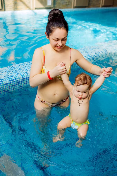Mother with a child in the pool.