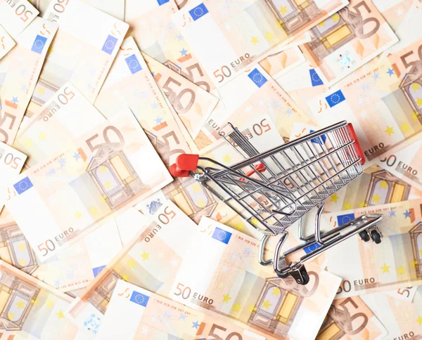 Shopping cart over the bank note bills