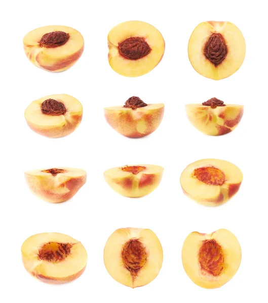 Halves of peach fruit