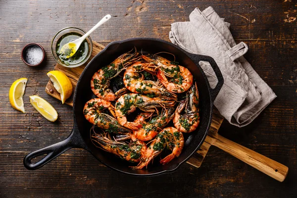 Tiger prawns roasted on frying grill pan