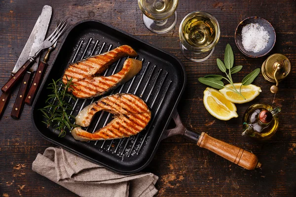 Grilled salmon Steaks on grill pan