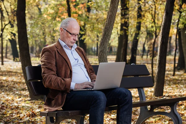 Old businessmen working at laptop outside on a bench