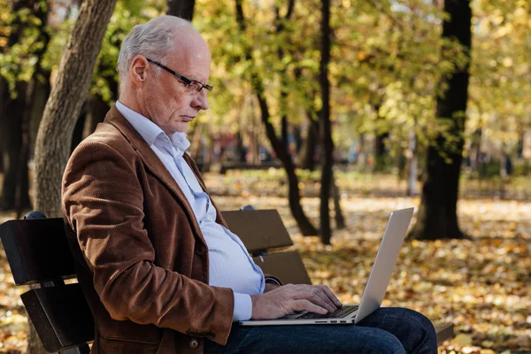Old businessmen working at laptop outside on a bench