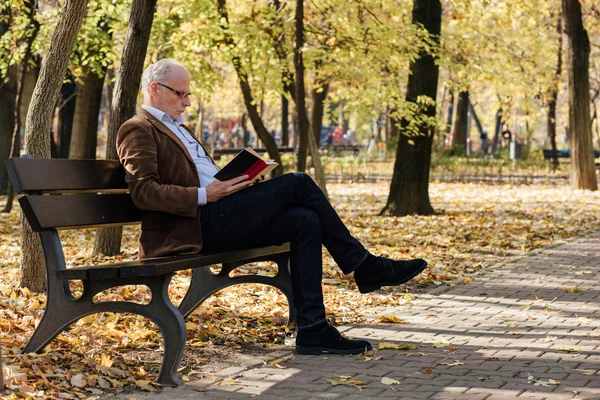 Old elegant man reading a book outside