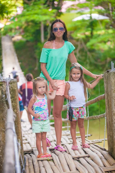 Young mother with her little girls on suspension bridge over the River