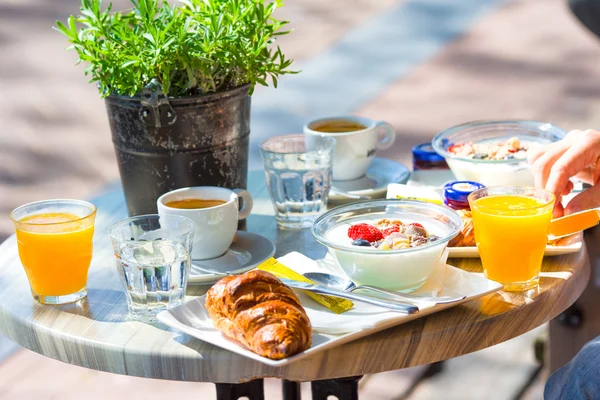 Fresh and delisious breakfast in outdoor cafe at european city