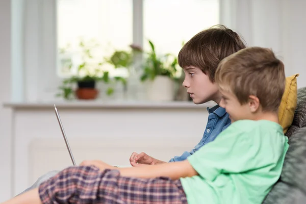 Young boys sitting on a sofa playing on a laptop