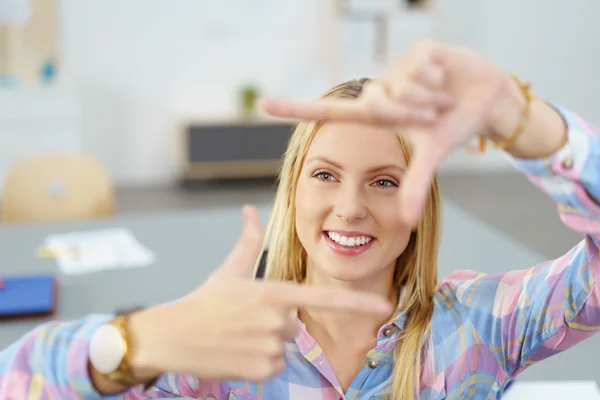 Happy Office Woman Making Hand Frame Gesture