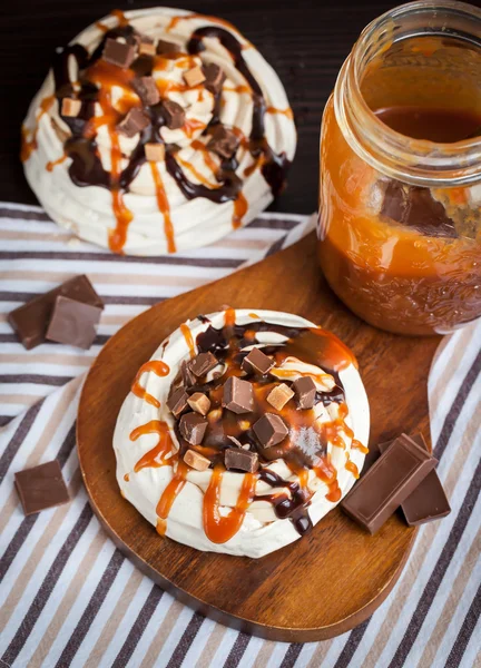 Caramel and chocolate Pavlova meringue cake