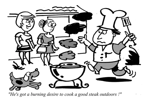 Cartoon of man running to save burning steak on barbecue