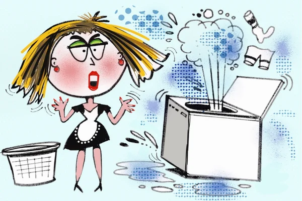 Cartoon of annoyed housewife with faulty washing machine