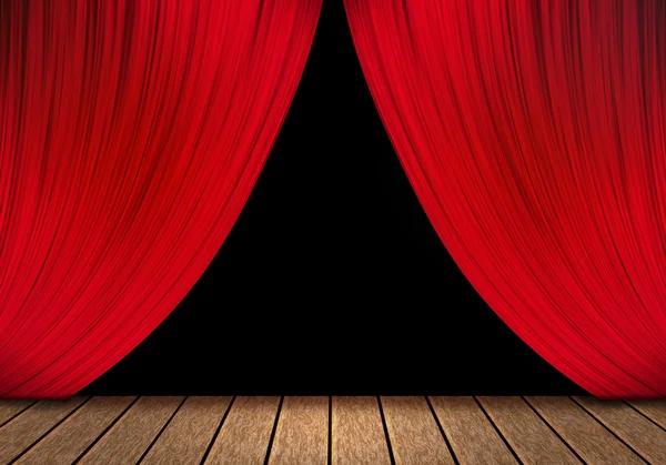 Opening red curtain and wood stage background.