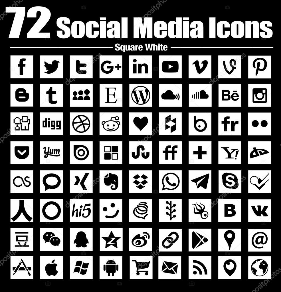 72 social media icons new Square Flat - Vector, Black and white, transparent background - the