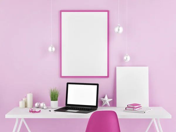 Office mock up, pink background, 3d illustration