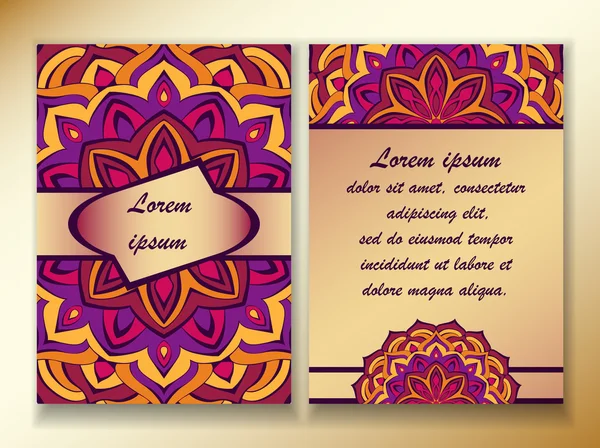 Flyer with a colorful design of mandala in oriental style, red, violet and purple. Template size A4, A5. Ready to Print. Front page and back page.