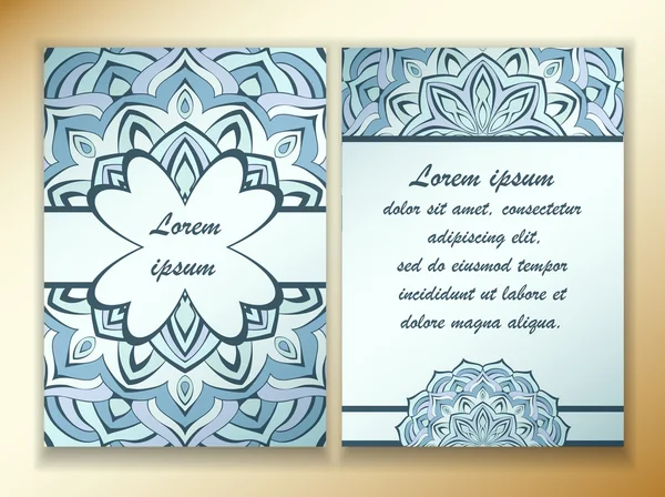 Flyer with the design of the mandala in the oriental style, blue colors. Template size A4, A5. Ready to Print. Front page and back page.