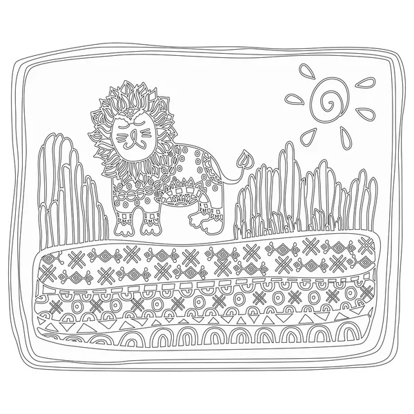 Lion in the tall grass hand drawing style, black and white outline drawing, coloring.