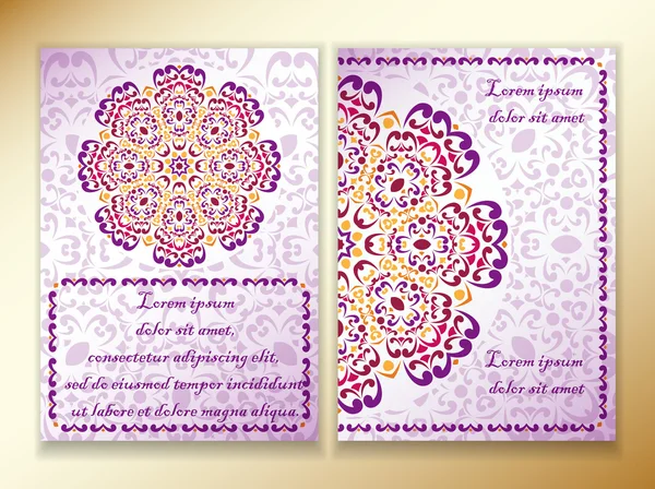 Flyer with a colorful design of mandala in Indian style, red, violet and purple. Template size A4, A5. Ready to Print. Front page and back page.