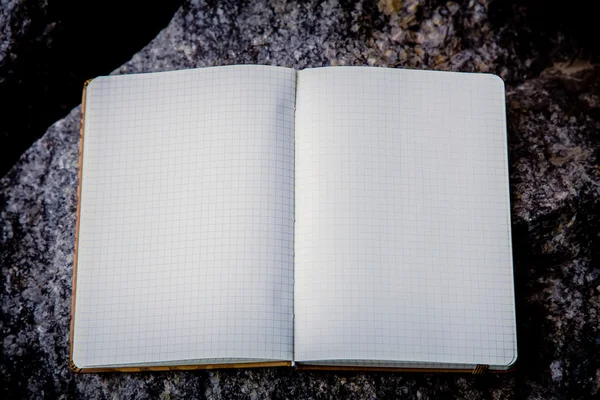 Entries in a notebook, net notebook on a granite stone