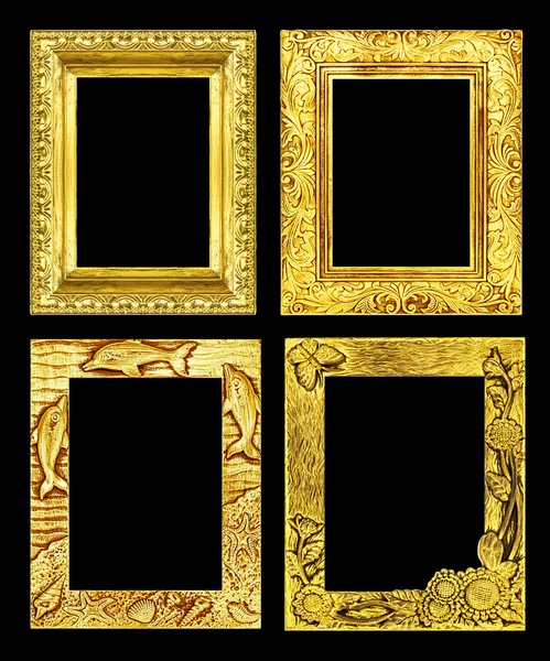 Set 4 antique golden frame isolated on black background, clippin