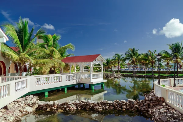 Amazing , gorgeous inviting view of Memories resort landscape, grounds at early morning on sunny beautiful summer day