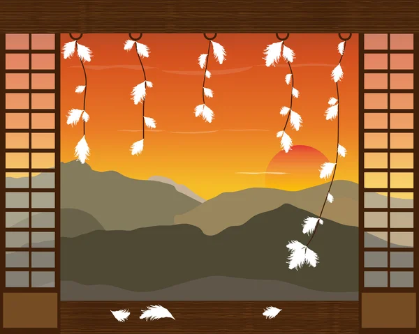 Abstract Japanese landscape of the mountains and the sunset. Vector illustration