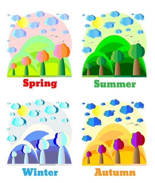 Natural landscape in flat style. Spring, Summer, Fall, Winter. Example for card, banner, badge