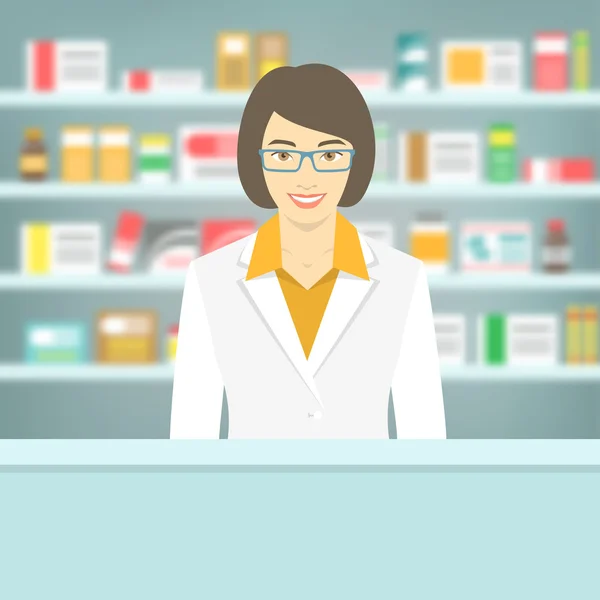 Flat style young pharmacist at pharmacy opposite shelves of medicines