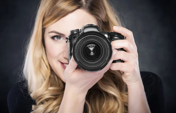 Photographer woman holding camera.