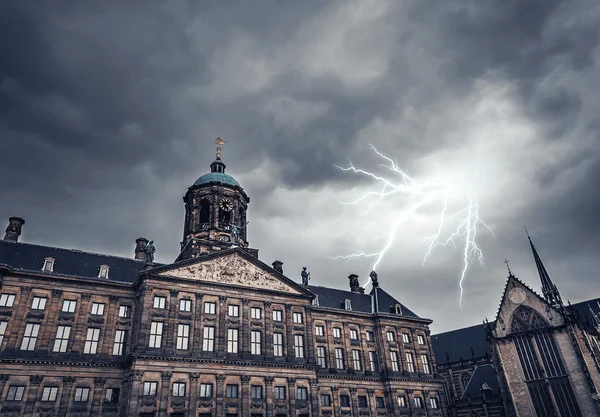 Lightning over the ancient building.