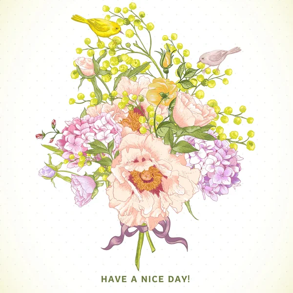 Spring Floral Bouquet with Birds, Greeting Card