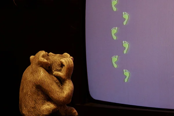 Sculpture monkey looks for traces of man on the monitor