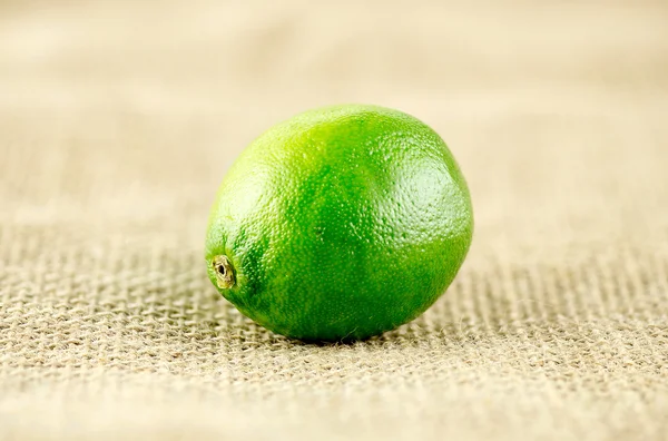 Macro closeup of vibrant green lime on rustic hessian background