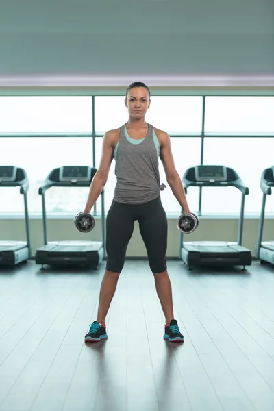 Young Woman Doing Biceps Exercise With Dumbbells