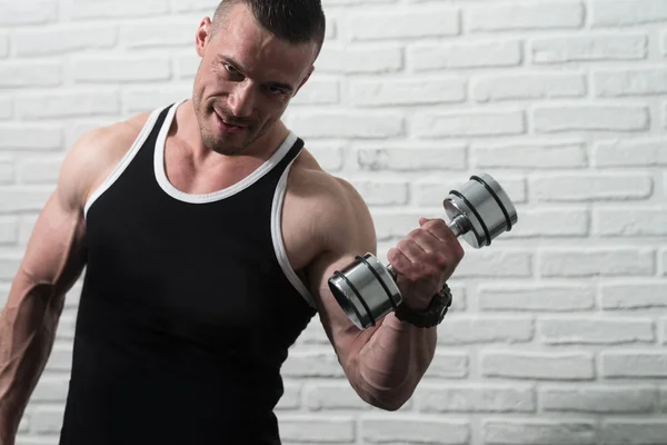 Biceps Exercise With Dumbbells On White Bricks Background