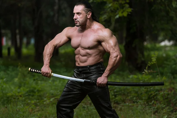 Mature Man In Action With Sword