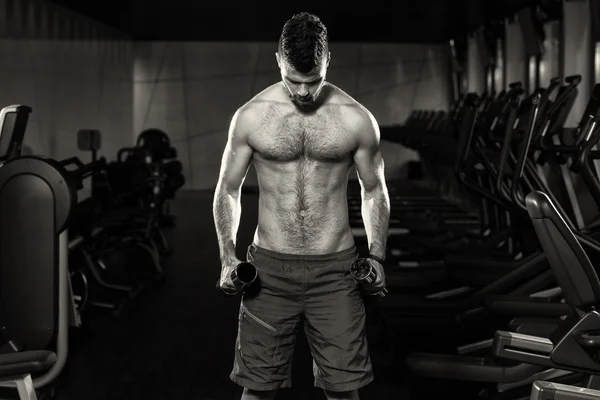 Handsome Man Exercising Biceps With Dumbbells