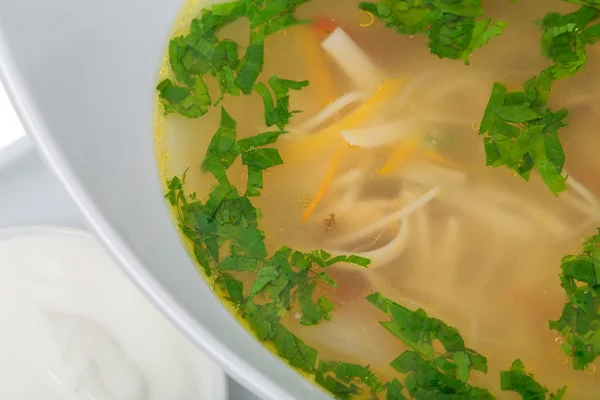 Noodle soup with herbs and carrot.