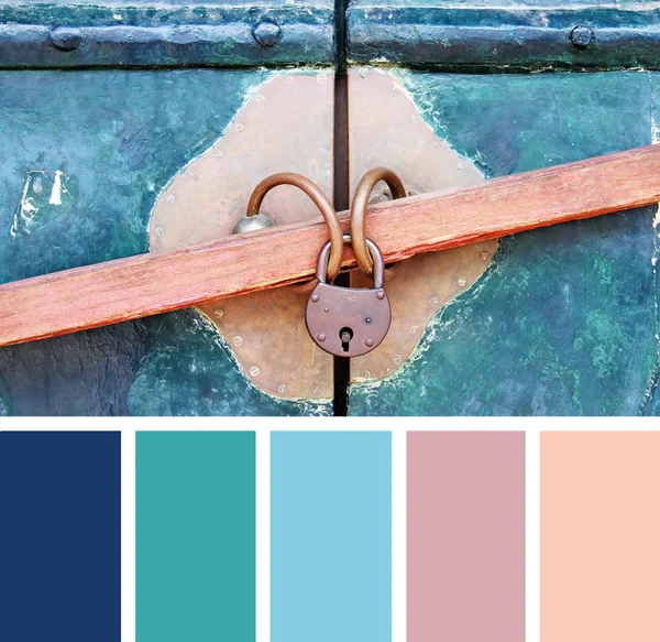 Closeup wooden door with lock,  color palette swatches