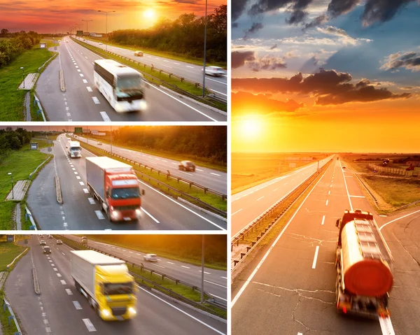 Truck and bus on highway at sunset - collage