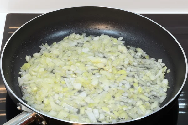 Fried onions in a pan closeup