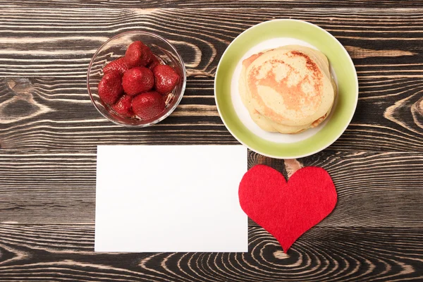Sweet pancakes, strawberry, heart, card