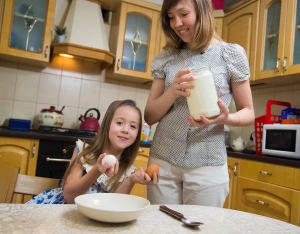 Making breakfest. Mom teach daughter to cook