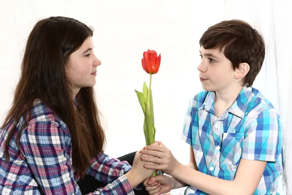 Couple boy and girl brother present flower